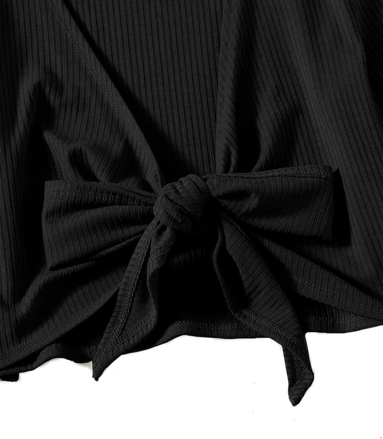 Women'S Long Bell Sleeve V Neck Tie Front Rib Knit Crop Top Blouse