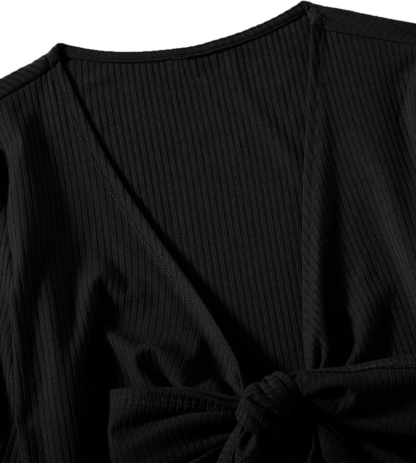 Women'S Long Bell Sleeve V Neck Tie Front Rib Knit Crop Top Blouse