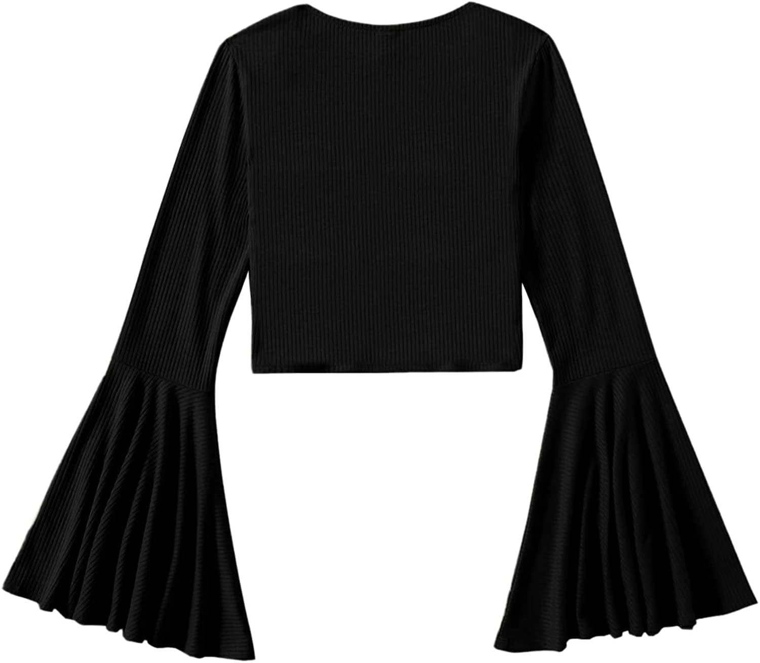 Women'S Long Bell Sleeve V Neck Tie Front Rib Knit Crop Top Blouse