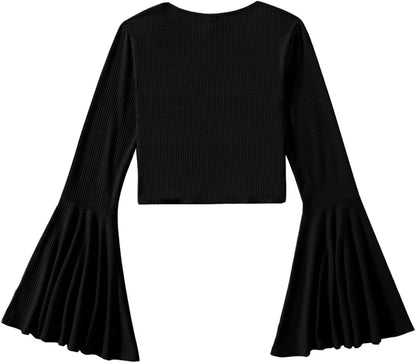 Women'S Long Bell Sleeve V Neck Tie Front Rib Knit Crop Top Blouse
