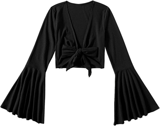 Women'S Long Bell Sleeve V Neck Tie Front Rib Knit Crop Top Blouse Black / XX-Large