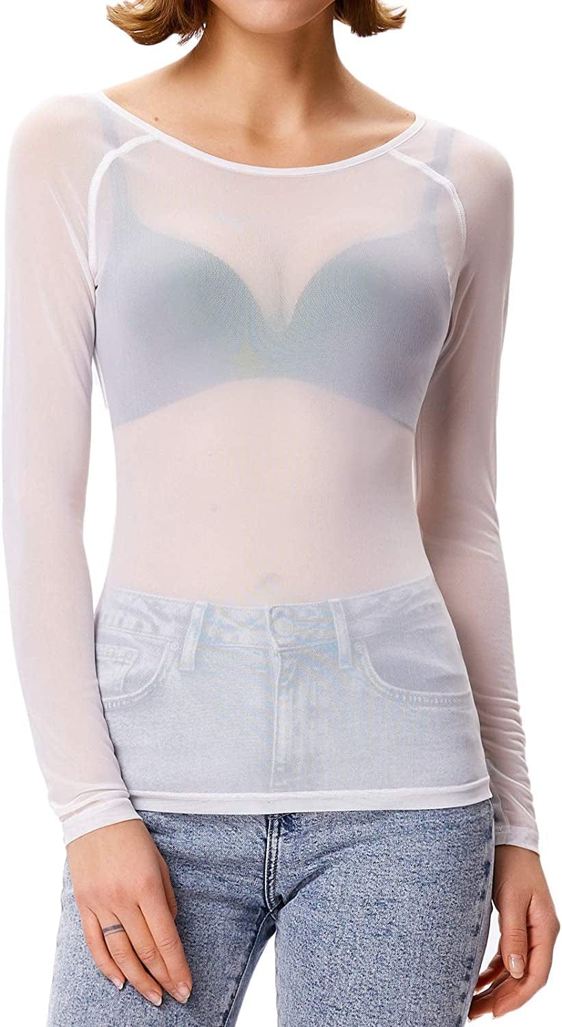Women'S Long Sleeve See through Mesh Sheer Top Blouse Shirt White / X-Large