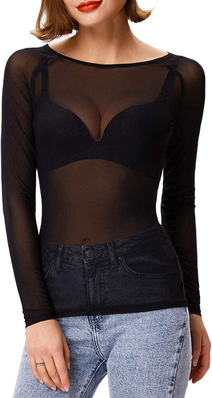 Women'S Long Sleeve See through Mesh Sheer Top Blouse Shirt Black / X-Large
