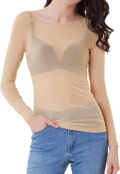 Women'S Long Sleeve See through Mesh Sheer Top Blouse Shirt Nude / Medium