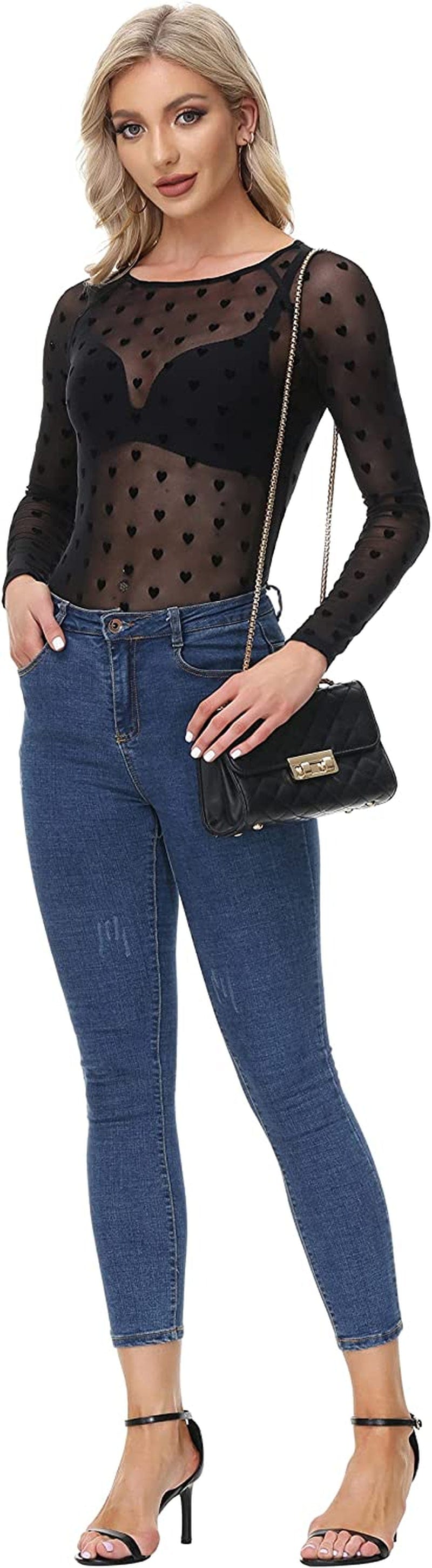 Women'S Long Sleeve See through Mesh Sheer Top Blouse Shirt