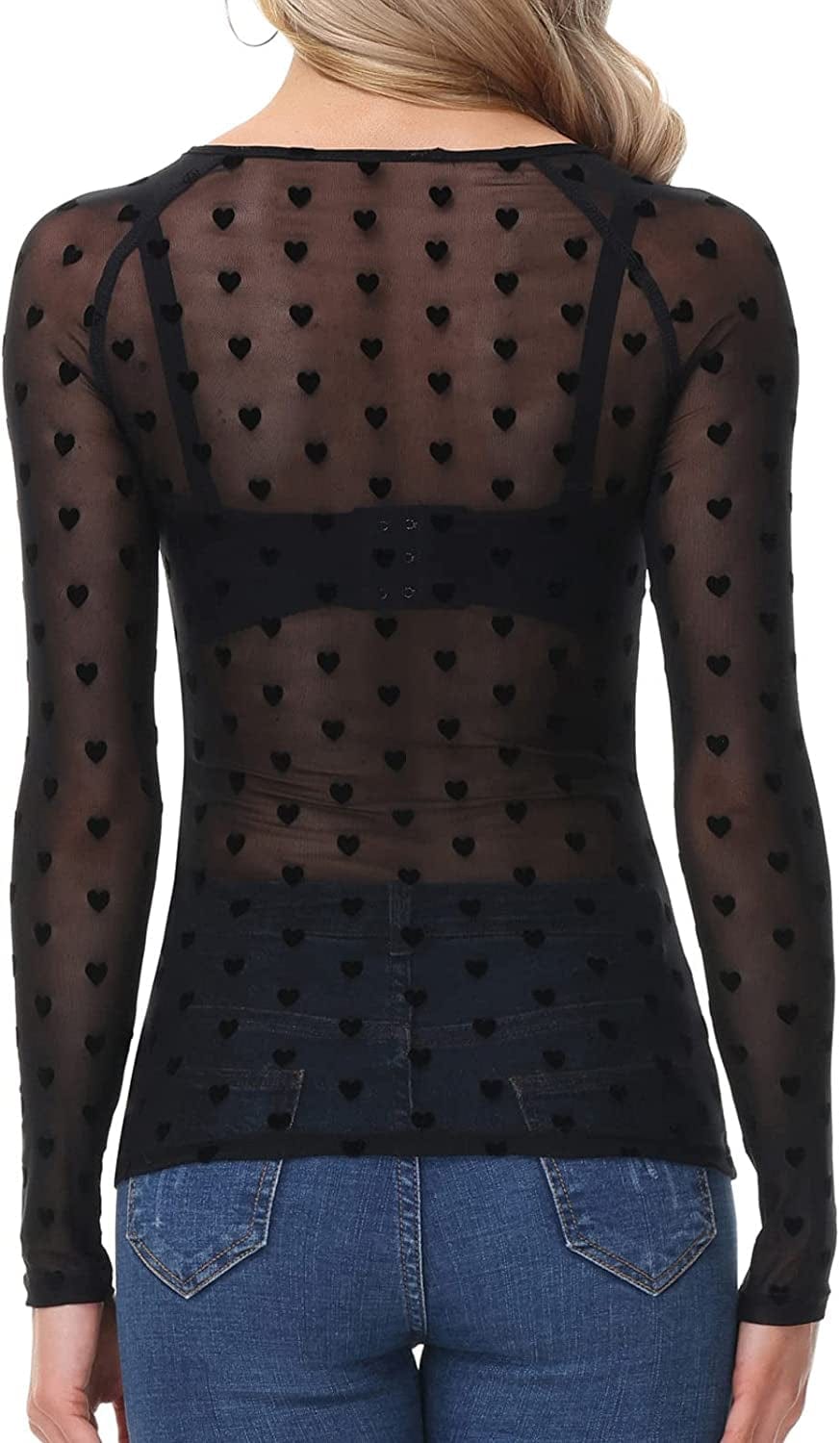 Women'S Long Sleeve See through Mesh Sheer Top Blouse Shirt