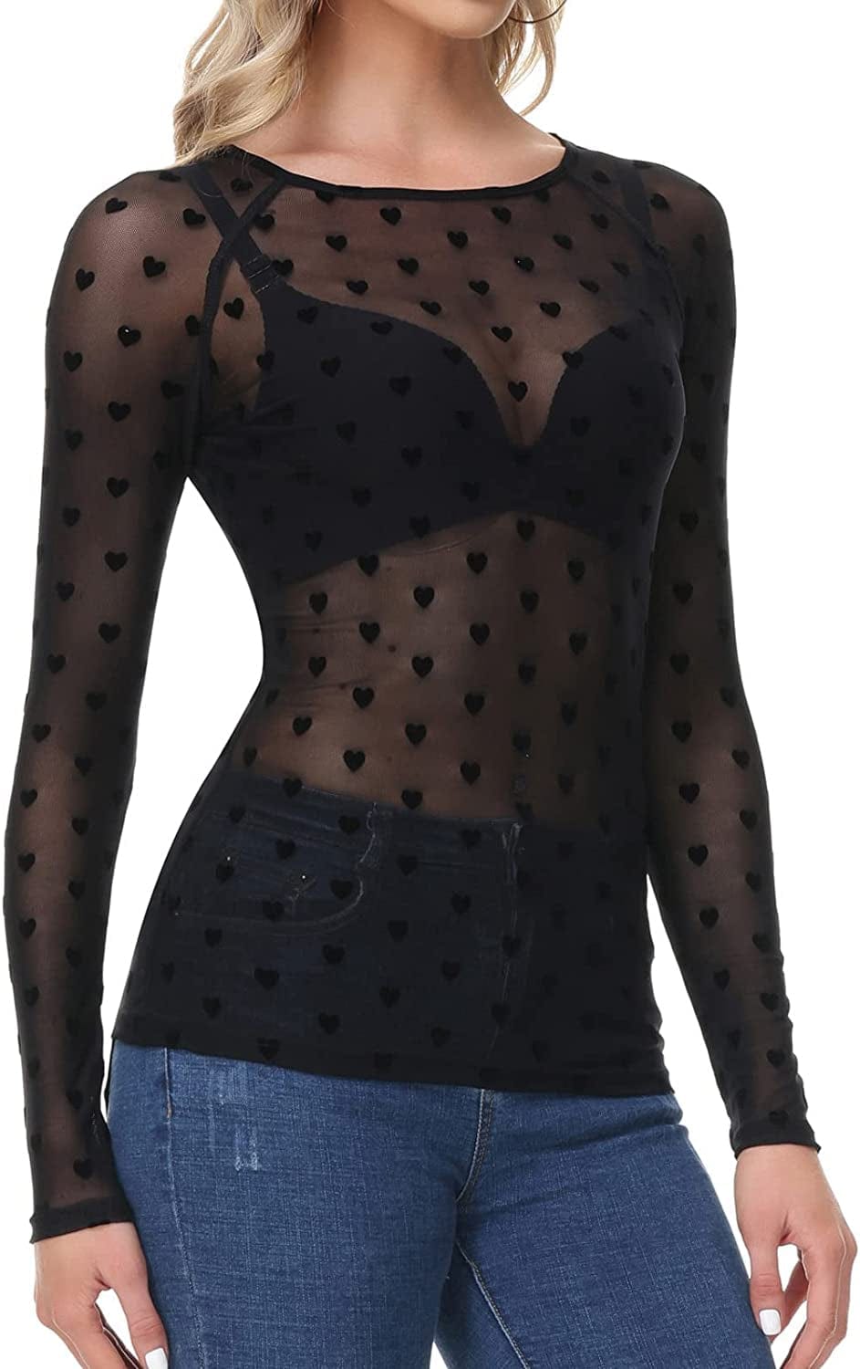 Women'S Long Sleeve See through Mesh Sheer Top Blouse Shirt