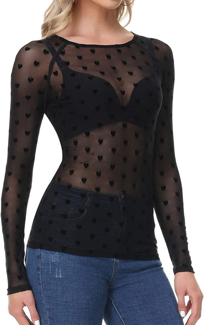 Women'S Long Sleeve See through Mesh Sheer Top Blouse Shirt