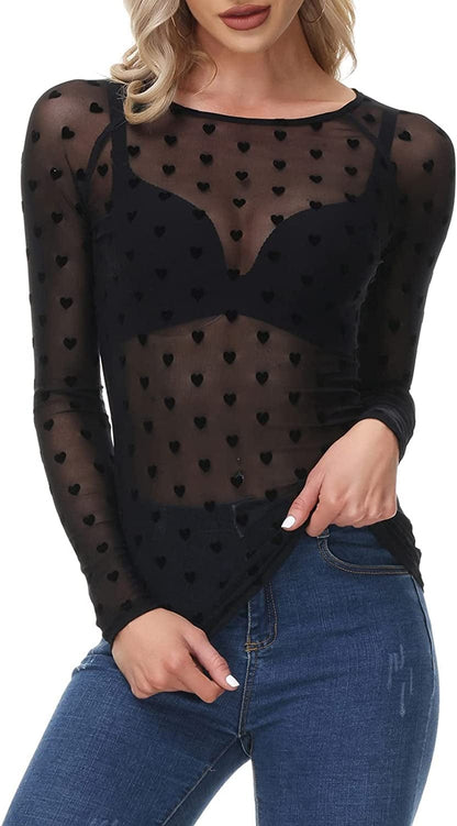 Women'S Long Sleeve See through Mesh Sheer Top Blouse Shirt