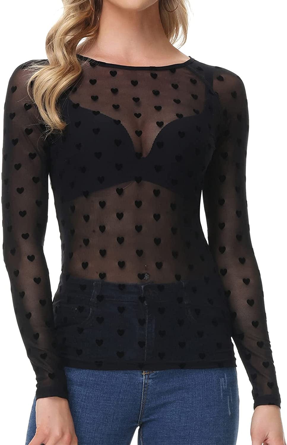Women'S Long Sleeve See through Mesh Sheer Top Blouse Shirt Black Heart / Medium
