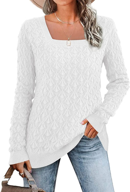 Women'S Long Sleeve Square Neck Sweaters Crochet Ribbed Cable Knit Pullover Casual Jumper Tops White / X-Large