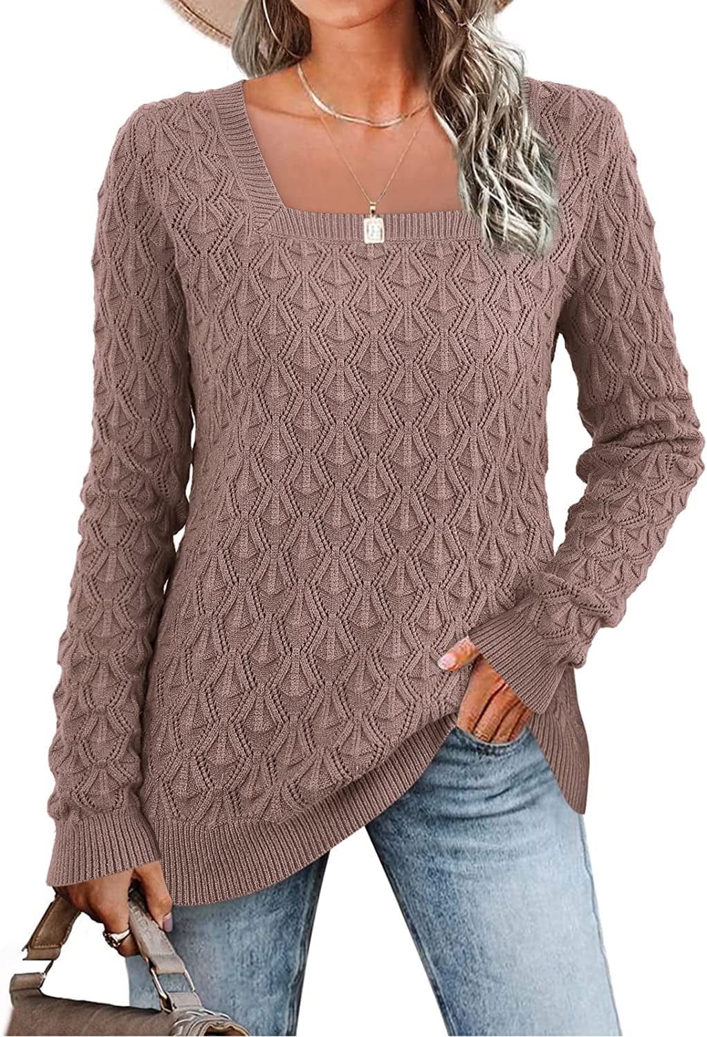 Women'S Long Sleeve Square Neck Sweaters Crochet Ribbed Cable Knit Pullover Casual Jumper Tops Coffee / X-Large