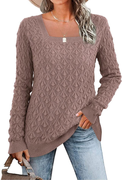 Women'S Long Sleeve Square Neck Sweaters Crochet Ribbed Cable Knit Pullover Casual Jumper Tops Coffee / X-Large
