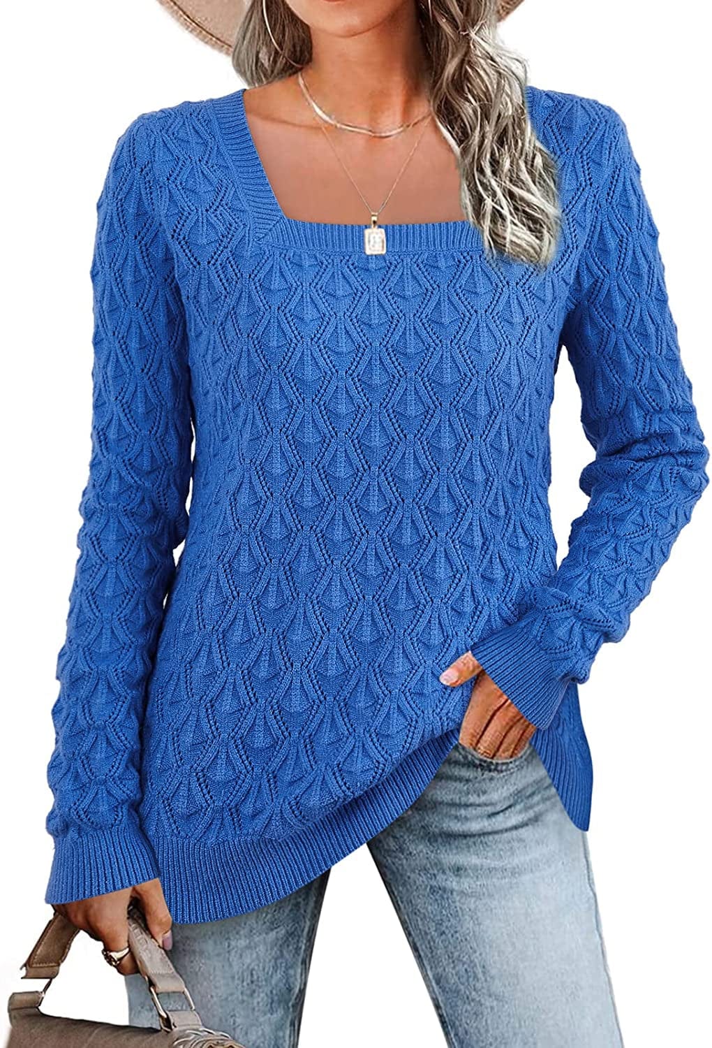 Women'S Long Sleeve Square Neck Sweaters Crochet Ribbed Cable Knit Pullover Casual Jumper Tops Blue / X-Large