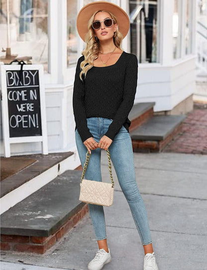Women'S Long Sleeve Square Neck Sweaters Crochet Ribbed Cable Knit Pullover Casual Jumper Tops