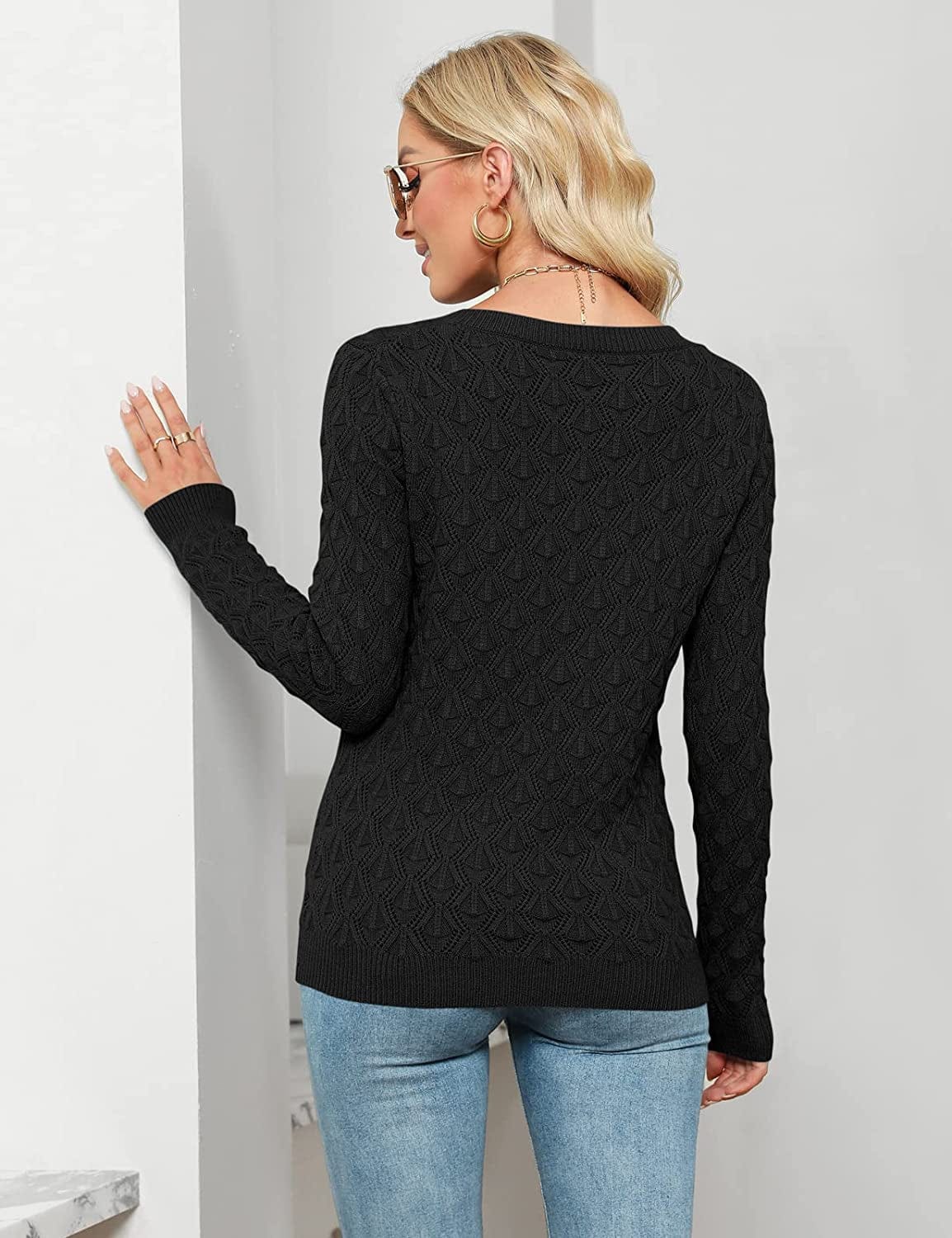 Women'S Long Sleeve Square Neck Sweaters Crochet Ribbed Cable Knit Pullover Casual Jumper Tops