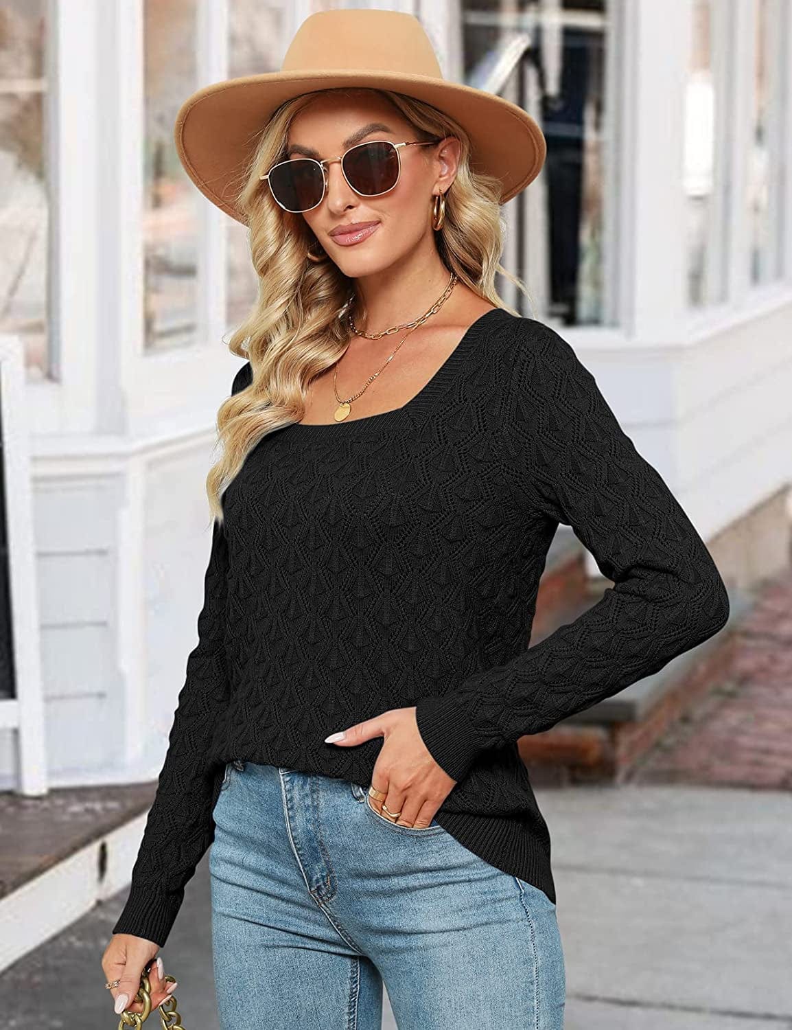 Women'S Long Sleeve Square Neck Sweaters Crochet Ribbed Cable Knit Pullover Casual Jumper Tops