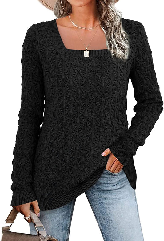 Women'S Long Sleeve Square Neck Sweaters Crochet Ribbed Cable Knit Pullover Casual Jumper Tops Black / X-Large