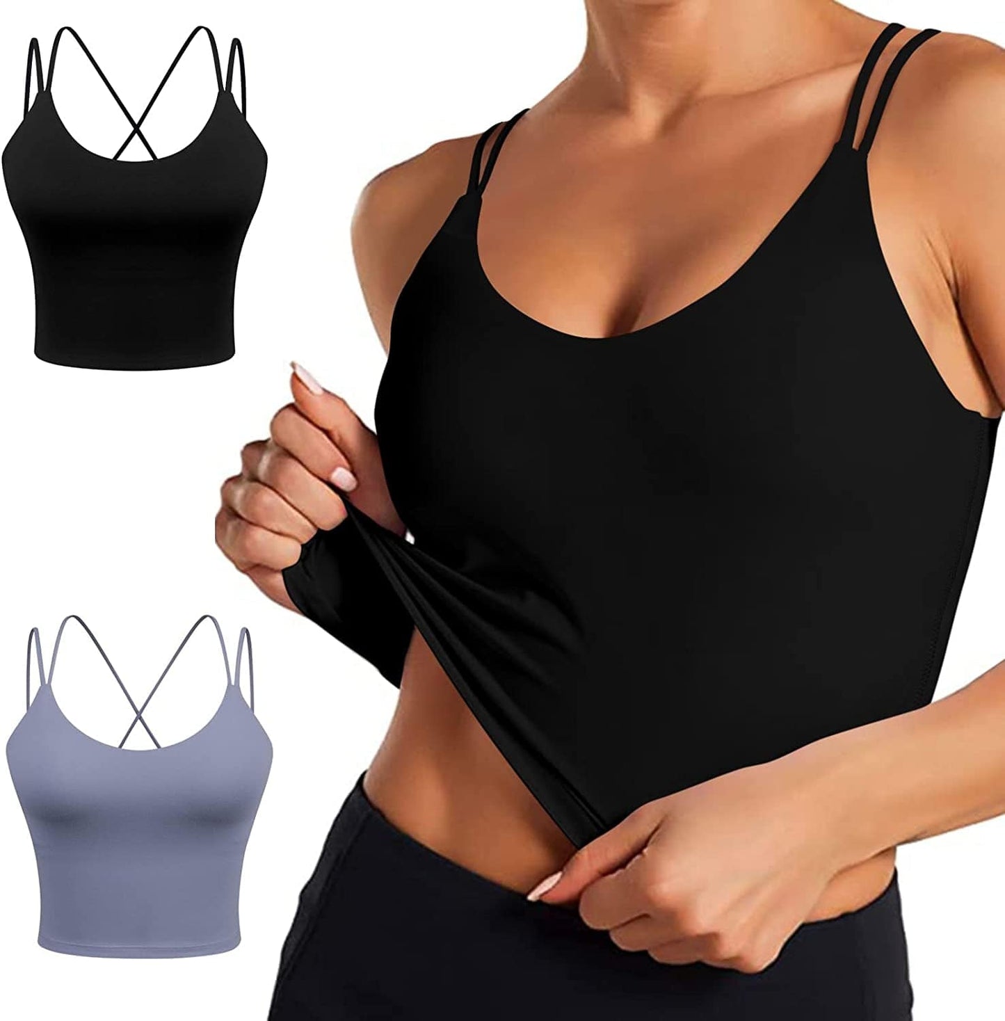 Women'S Longline Sports Bra Padded Strappy Yoga Bra Fitness Running Workout Crop Tank Top（2Pack） 2 Pack Black/Blue / Small
