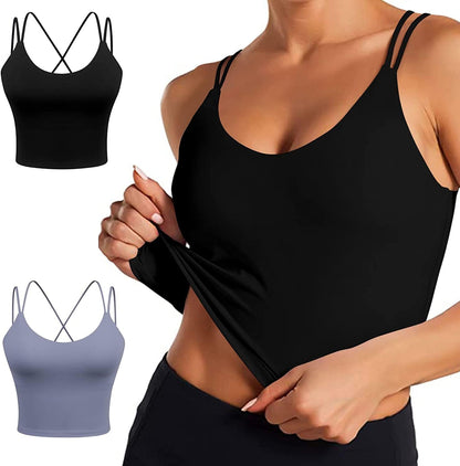 Women'S Longline Sports Bra Padded Strappy Yoga Bra Fitness Running Workout Crop Tank Top（2Pack） 2 Pack Black/Blue / Small