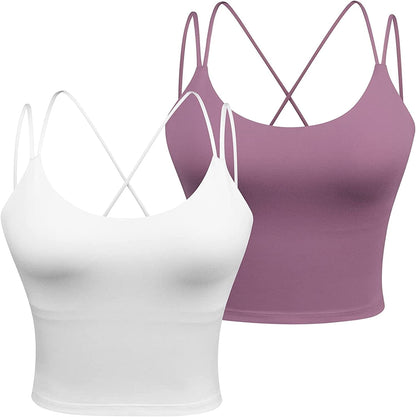 Women'S Longline Sports Bra Padded Strappy Yoga Bra Fitness Running Workout Crop Tank Top（2Pack） 2 Pack White/Pink / Small