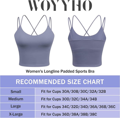 Women'S Longline Sports Bra Padded Strappy Yoga Bra Fitness Running Workout Crop Tank Top（2Pack）