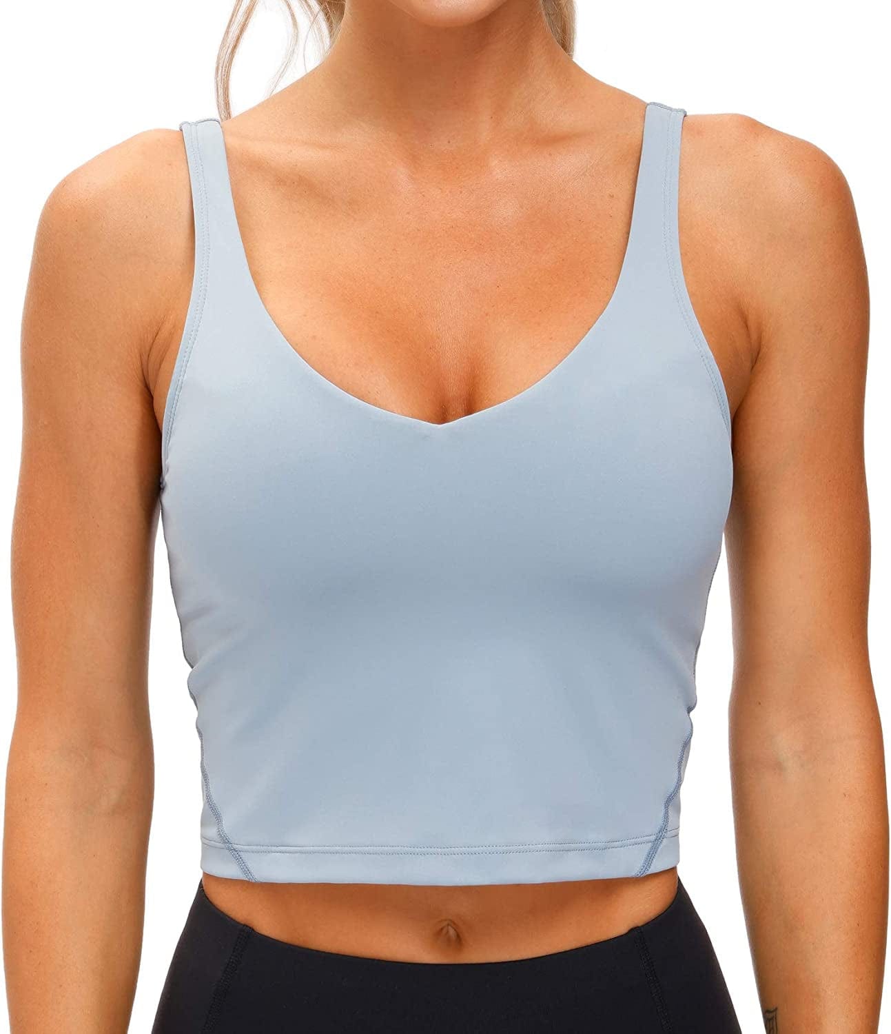 Women’S Longline Sports Bra Wirefree Padded Medium Support Yoga Bras Gym Running Workout Tank Tops Denim Blue / Large
