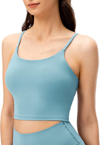 Women'S Longline Sports Bra Yoga Cami Tank Top with Built in Bra Light Azure / Large