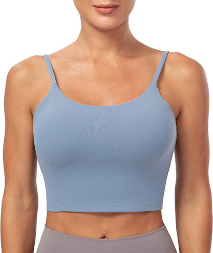 Women'S Longline Sports Bra Yoga Cami Tank Top with Built in Bra Serenity Blue / Medium