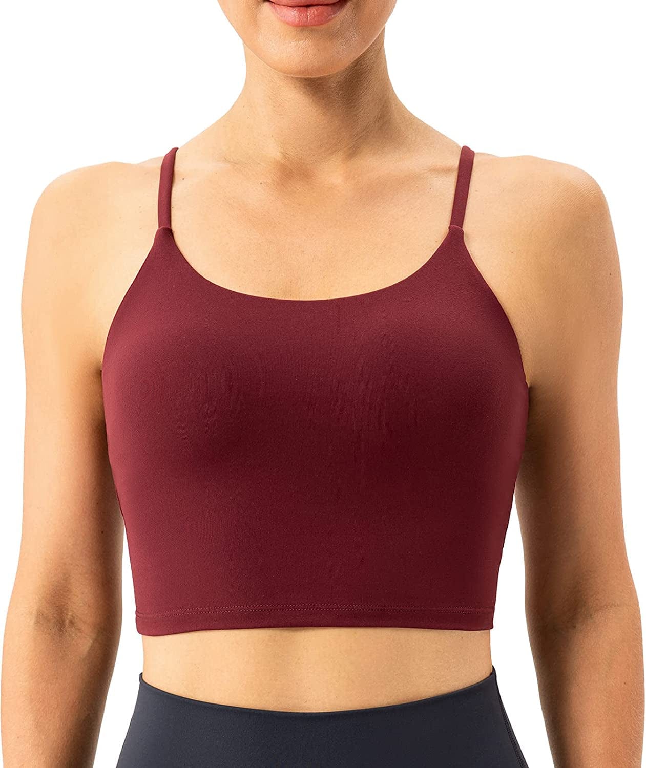 Women'S Longline Sports Bra Yoga Cami Tank Top with Built in Bra Dark Red / Large