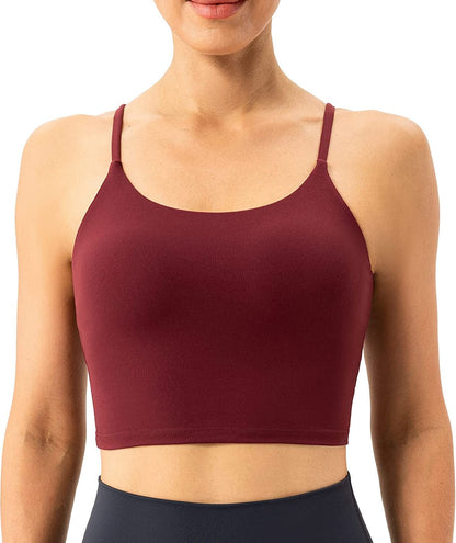 Women'S Longline Sports Bra Yoga Cami Tank Top with Built in Bra Dark Red / Large
