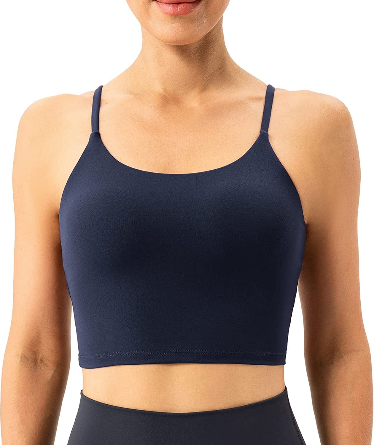 Women'S Longline Sports Bra Yoga Cami Tank Top with Built in Bra Navy Blue / Small