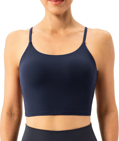 Women'S Longline Sports Bra Yoga Cami Tank Top with Built in Bra Navy Blue / Small