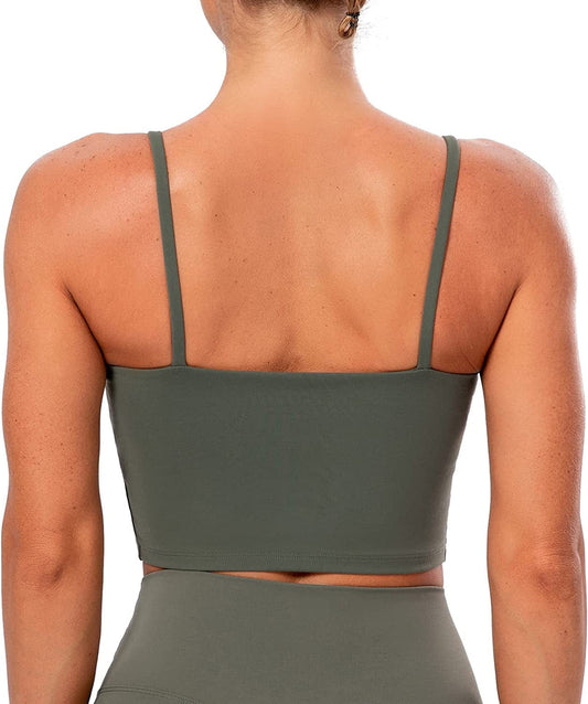 Women'S Longline Sports Bra Yoga Cami Tank Top with Built in Bra Olive Green / Medium