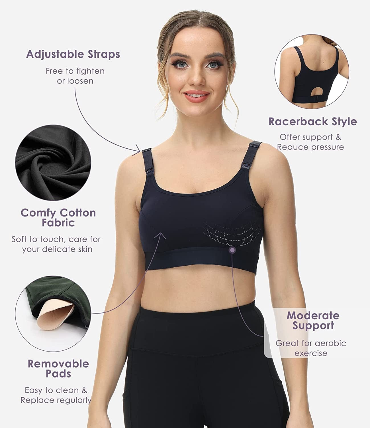 Women'S Low Impact Maternity Nursing Sports Bra Racerback Stretchy Breastfeeding Bras