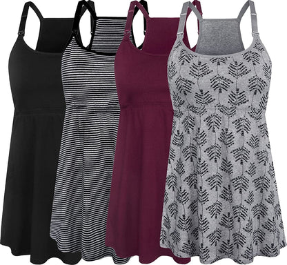 Women'S Maternity Nursing Tank Tops Cami Breastfeeding Sleep Bra Pregnancy Clothes A-black+burgundy+grey Print+stripe 4pack / Large