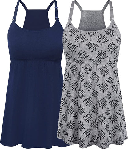 Women'S Maternity Nursing Tank Tops Cami Breastfeeding Sleep Bra Pregnancy Clothes M-navy+grey Print 2pack / X-Large