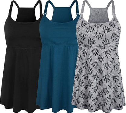 Women'S Maternity Nursing Tank Tops Cami Breastfeeding Sleep Bra Pregnancy Clothes Black+atrovirens+grey Print 3pack / Small