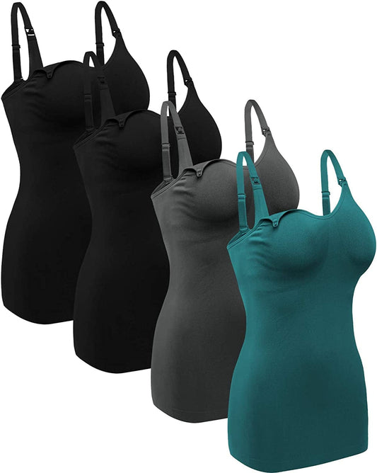 Women'S Maternity Nursing Tank Tops with Built in Bra for Breastfeeding Shirt 4Pack 2black 1grey 1green / Large