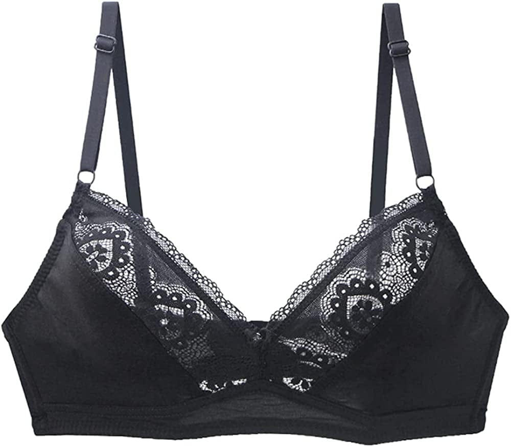 Women'S Mesh Lace Wirefree Unpadded Plunge Bra Soft Cups Breathable Wireless Bra Black / 42AA