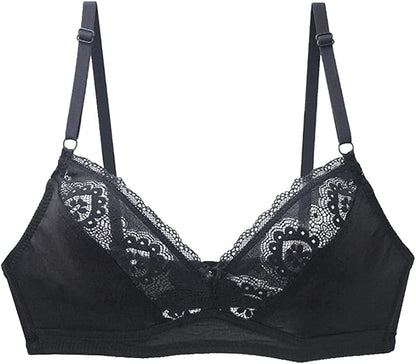 Women'S Mesh Lace Wirefree Unpadded Plunge Bra Soft Cups Breathable Wireless Bra Black / 42AA