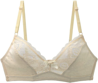 Women'S Mesh Lace Wirefree Unpadded Plunge Bra Soft Cups Breathable Wireless Bra Beige / 32D