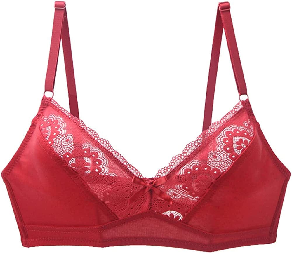 Women'S Mesh Lace Wirefree Unpadded Plunge Bra Soft Cups Breathable Wireless Bra Red / 42AA