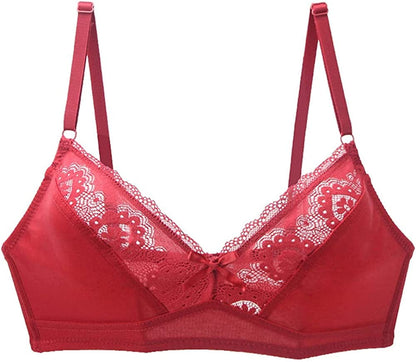 Women'S Mesh Lace Wirefree Unpadded Plunge Bra Soft Cups Breathable Wireless Bra Red / 42AA