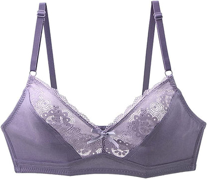 Women'S Mesh Lace Wirefree Unpadded Plunge Bra Soft Cups Breathable Wireless Bra Grey Purple / 44C