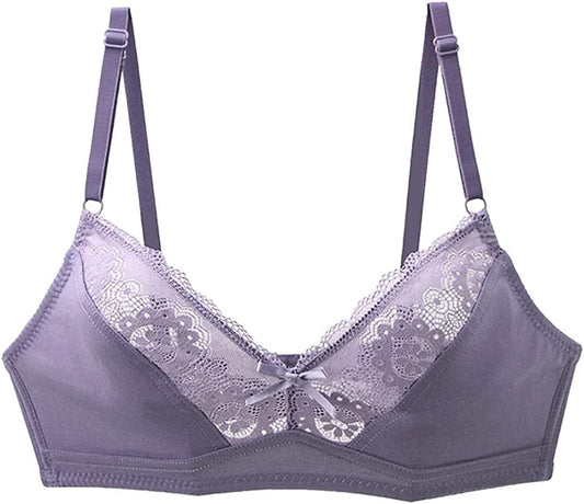 Women'S Mesh Lace Wirefree Unpadded Plunge Bra Soft Cups Breathable Wireless Bra Grey Purple / 44C