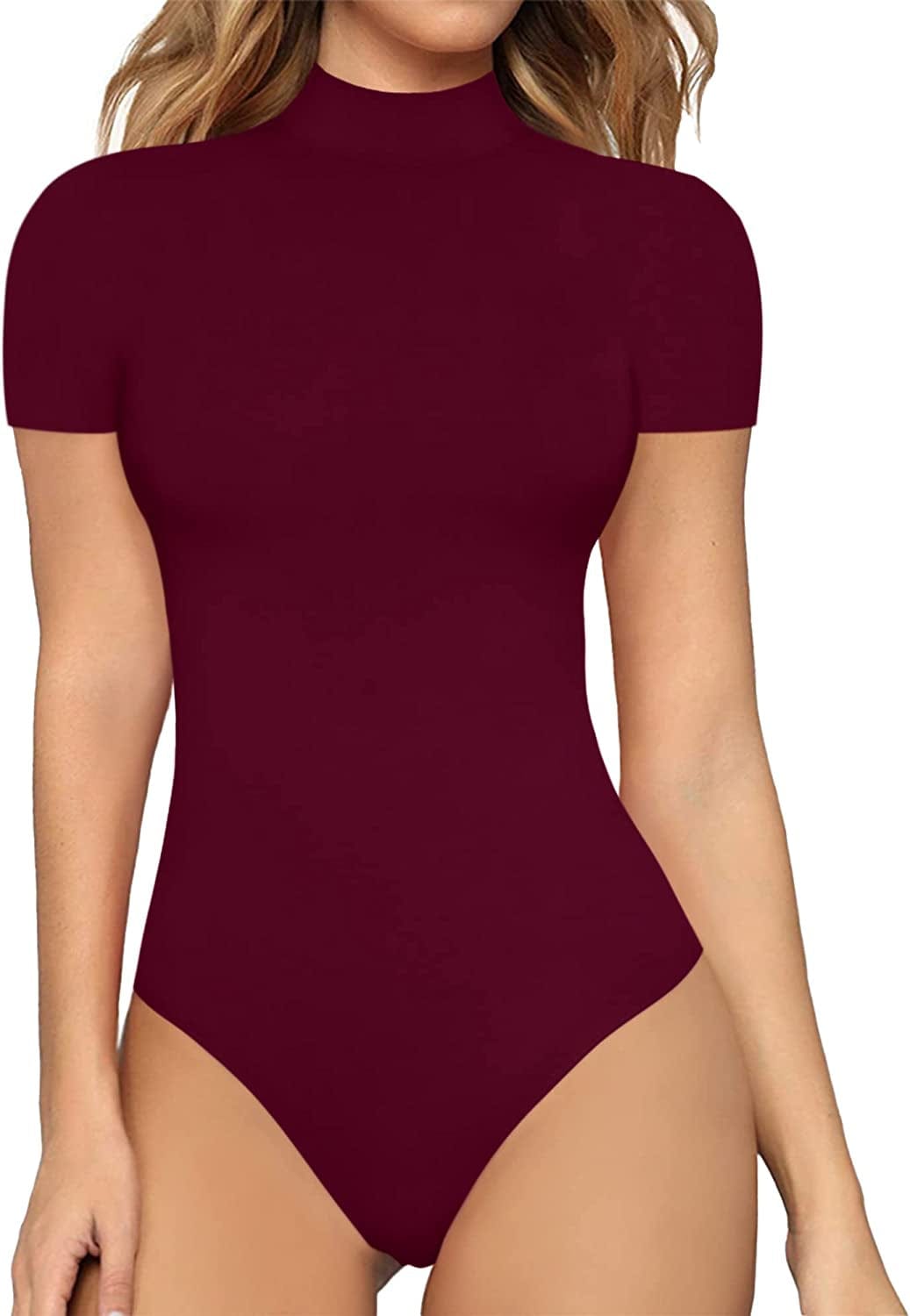 Women'S Mock Turtle Neck Sleeveless Tank Tops / Short Sleeve Bodysuit Leotard Clothing Short Sleeve Burgundy / Small