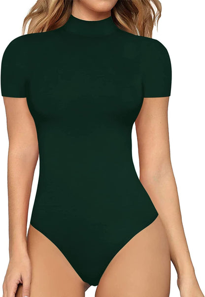 Women'S Mock Turtle Neck Sleeveless Tank Tops / Short Sleeve Bodysuit Leotard Clothing Short Sleeve Deep Green / Small