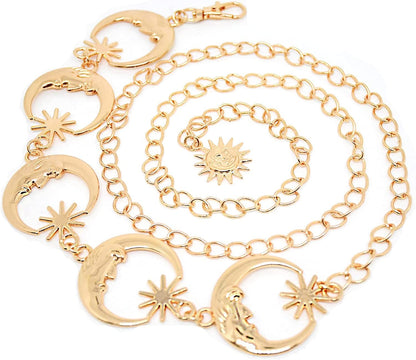 Women’S Moon Sun Metal Link Waist Chain Belts Dress Belt Rave Body Jewelries Skirt Jeans Accessories Apparel & Accessories > Jewelry > Body Jewelry Ralcosuss Gold  