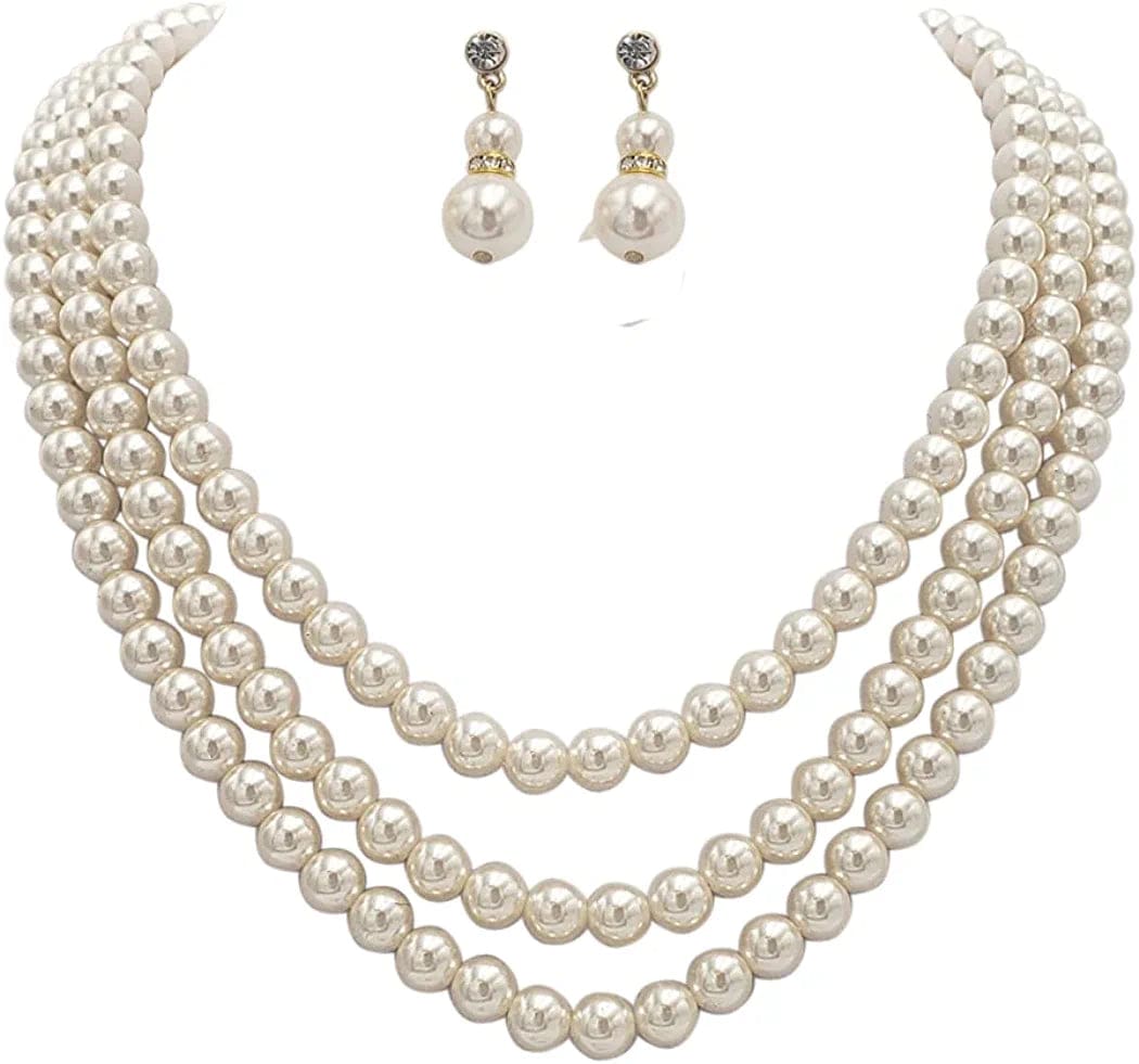 Women'S Multi Strand Classic 8Mm Faux Pearl Necklace and Earrings Jewelry Set, 16"-19" with 3" Extender Cream/Gold Tone